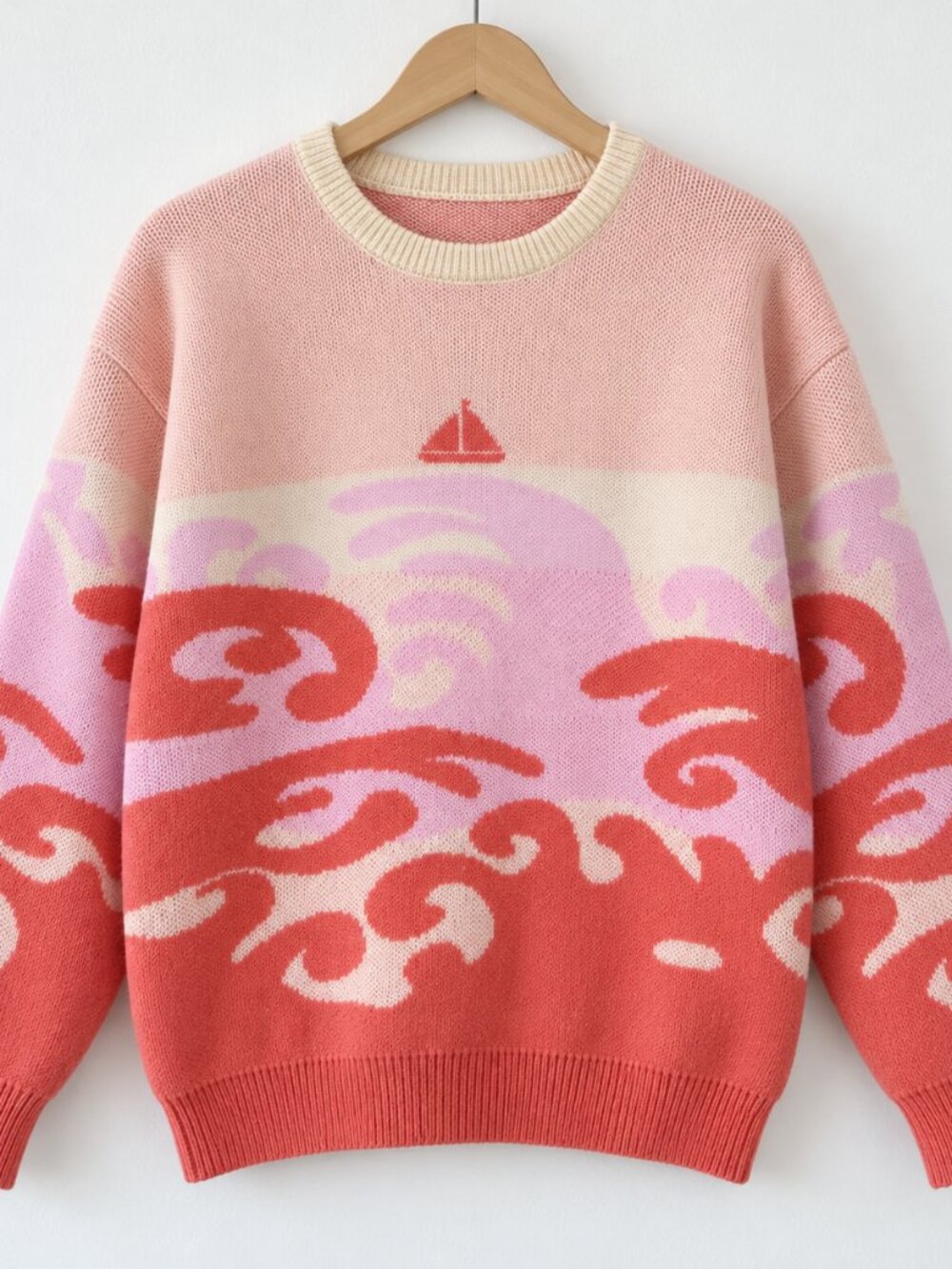 Nautical Wave Knit Crewneck Sweater Men’s XL Pink Coral NWOT